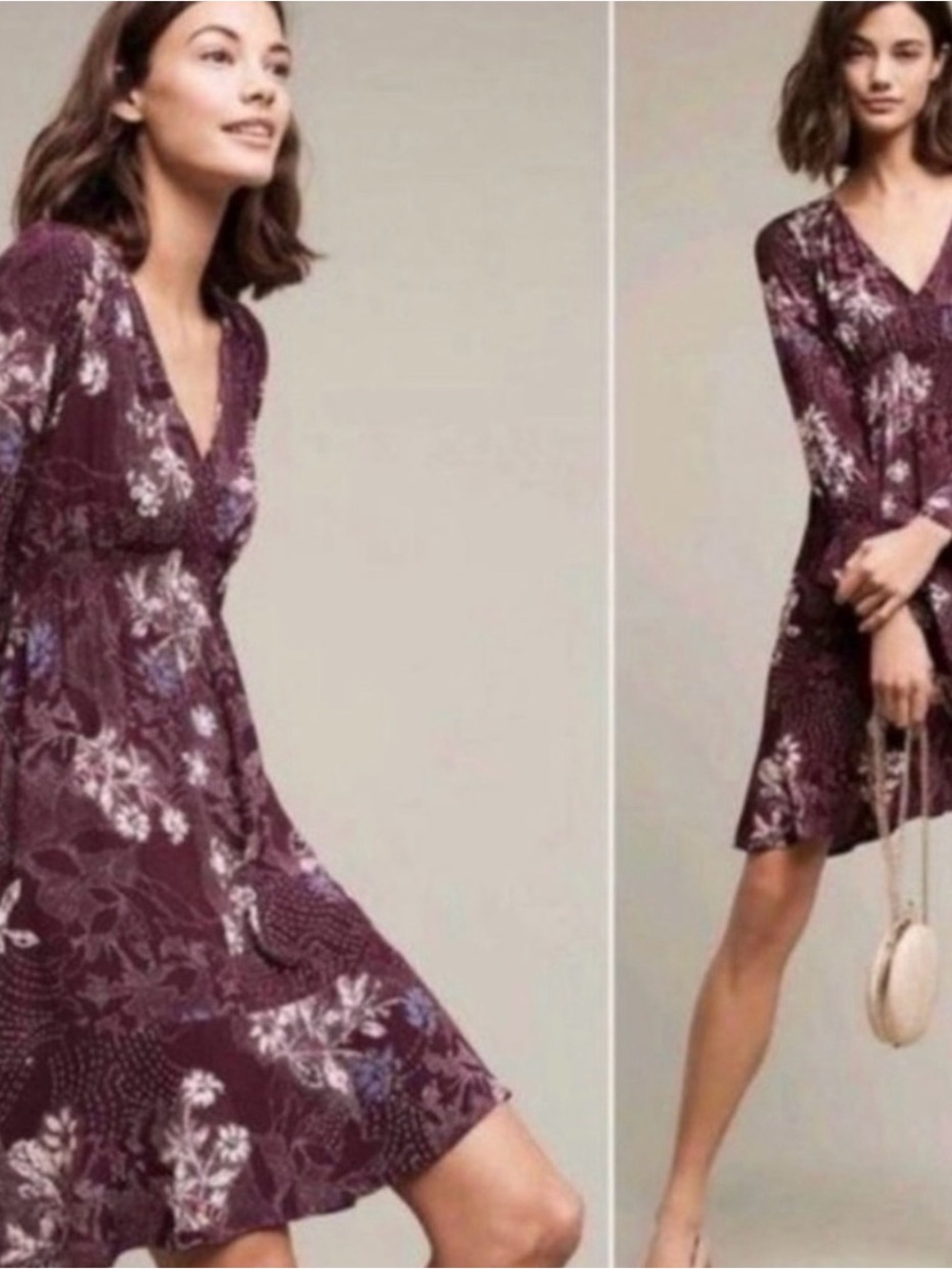 ANTHROPOLOGIE , Maeve Burgundy Paisley V-Neck Long Sleeve Dress, size L